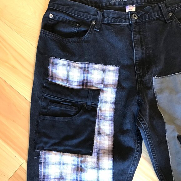 Men’s Hippie Patchwork Jeans, 36x30: Grunge Black Jeans with Gray Black Patches - Picture 5 of 7